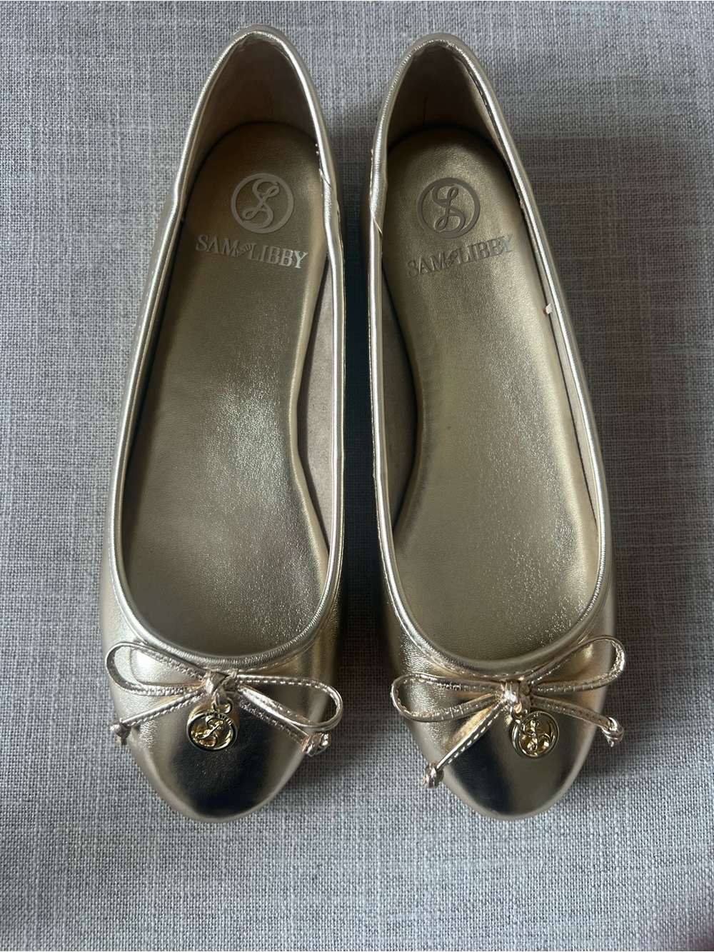 Sam & Libby Gold Ballet Flats, now charm , office casual dressy old money